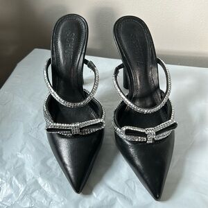 SCHUTZ Black Pointed Toe Crystal Strap Heels